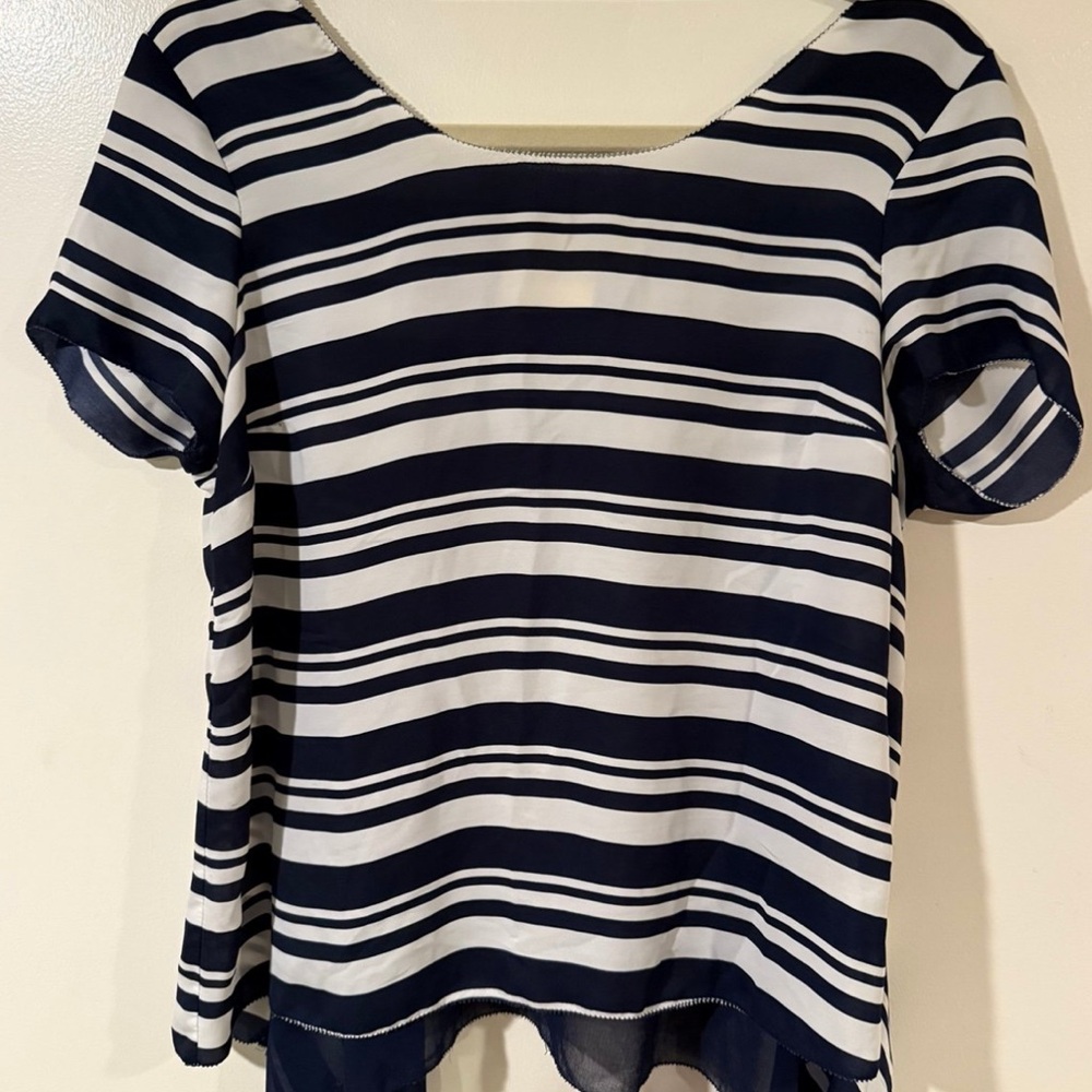 Maeve Anthropologie Medium Chiffon Blouse Navy White Stripe Short Sleeve